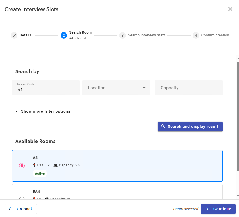 Interview slot being edited step 2 room search